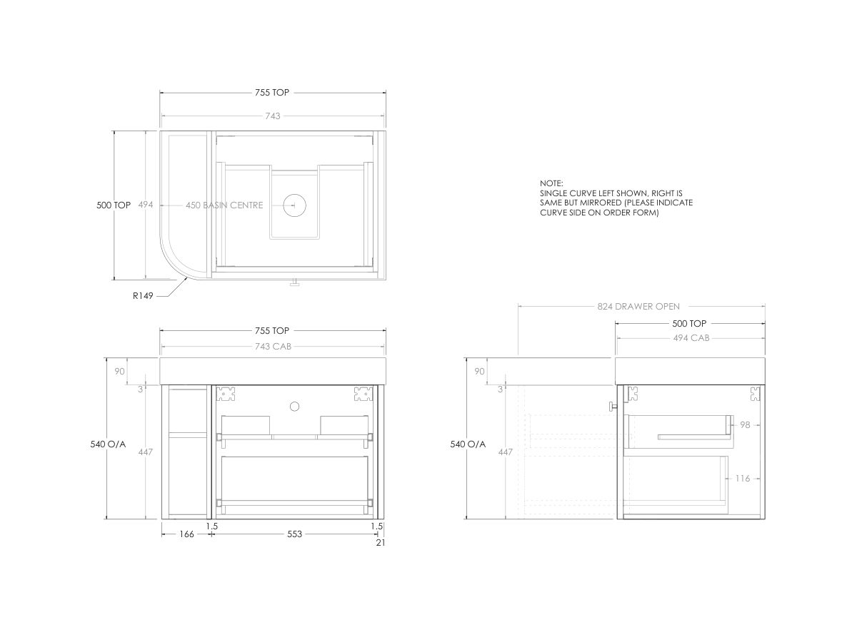 Technical Drawing - Kado Era Single Curve All Drawer 750mm Wall Hung Vanity Centre Basin 90mm Durasein Top
