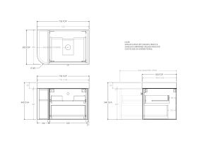 Technical Drawing - Kado Era Single Curve All Drawer 750mm Wall Hung Vanity Centre Basin 90mm Durasein Top
