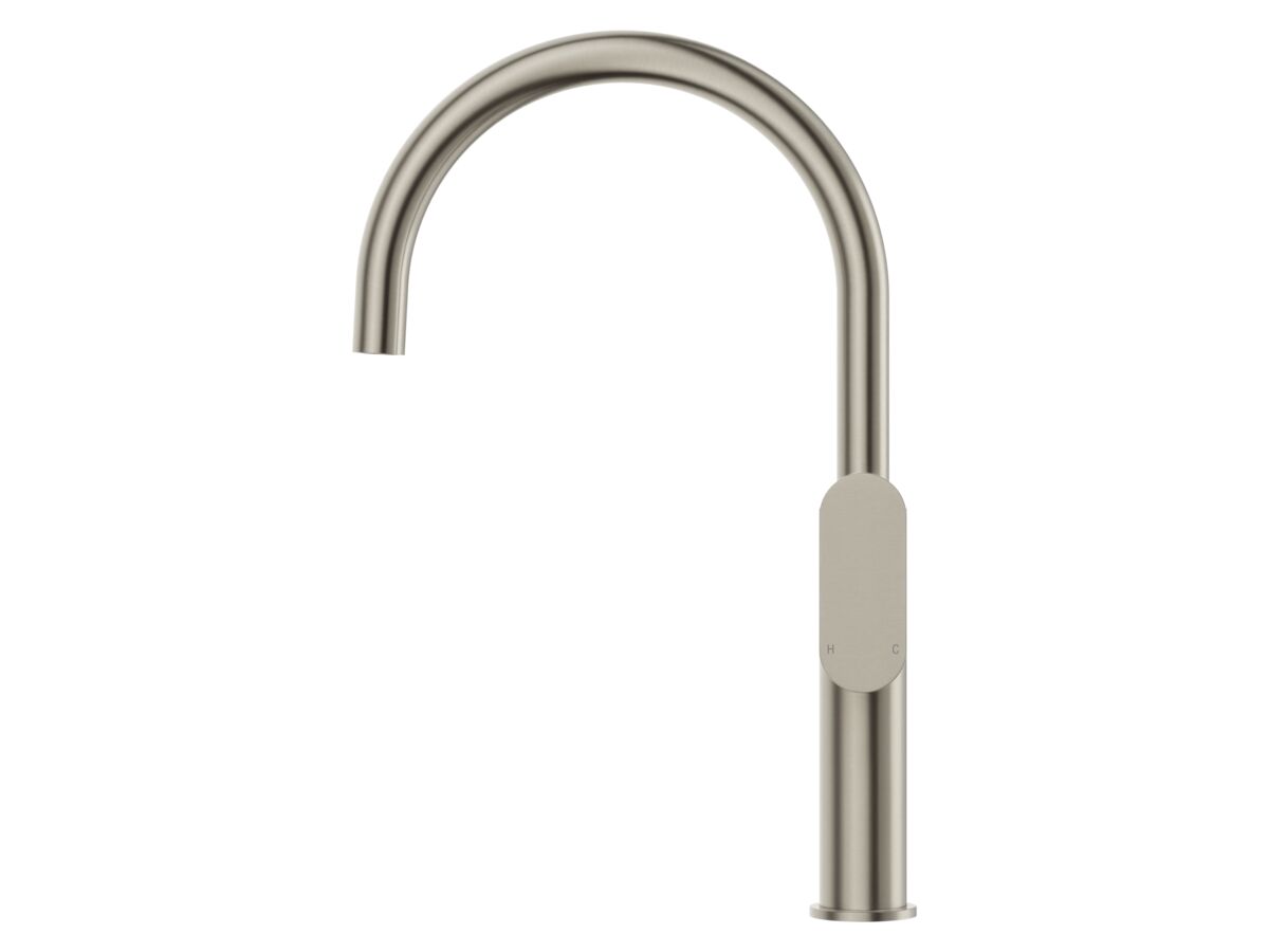 Supporting Image - Mizu Soothe MK2 Gooseneck Sink Mixer Curved Brushed Nickel (5 Star) Lead Free - Side