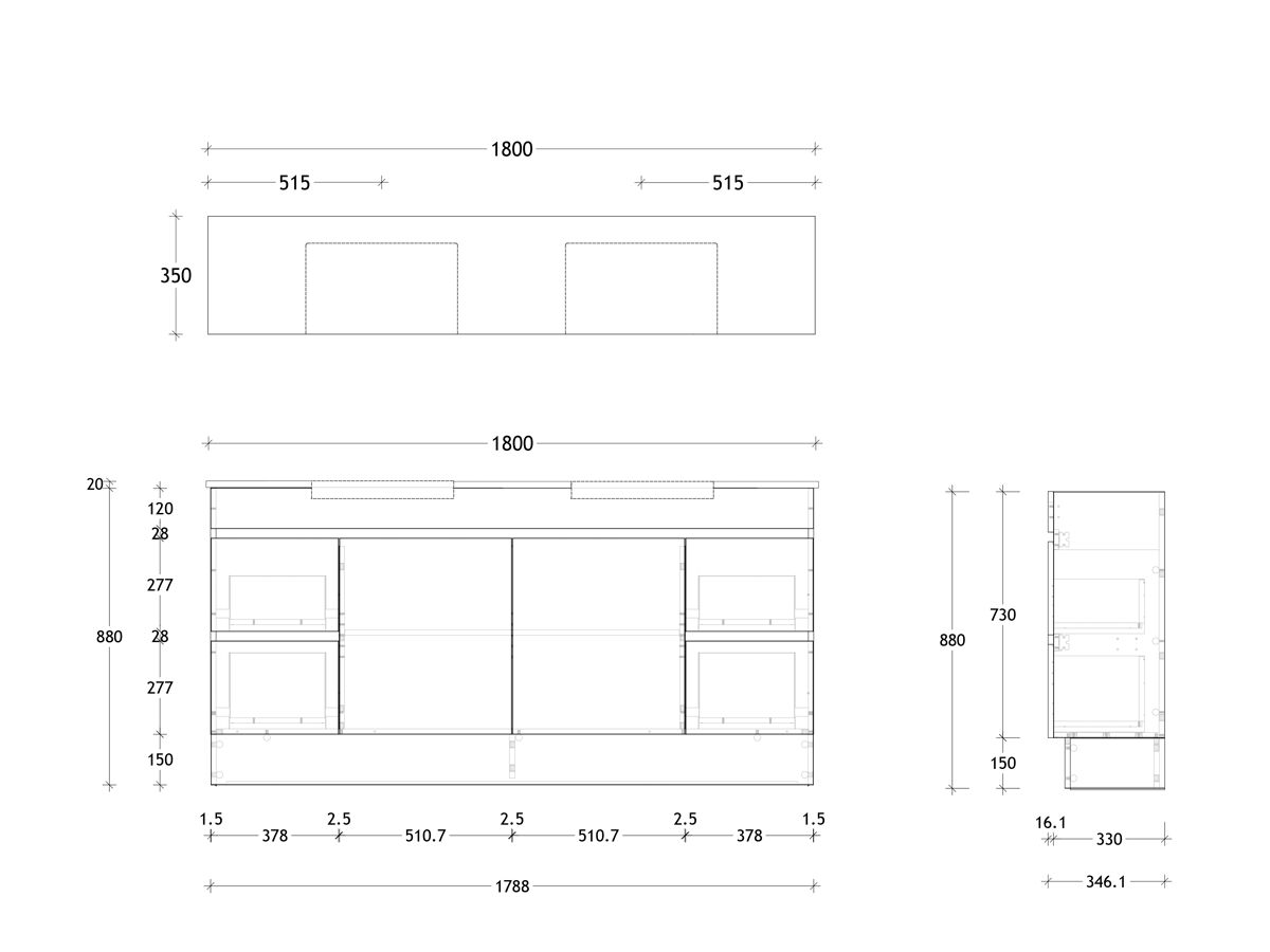 Technical Drawing - Posh Domaine Semi-Recessed 1800mm Floor Mounted Vanity Double Basin 20mm Top