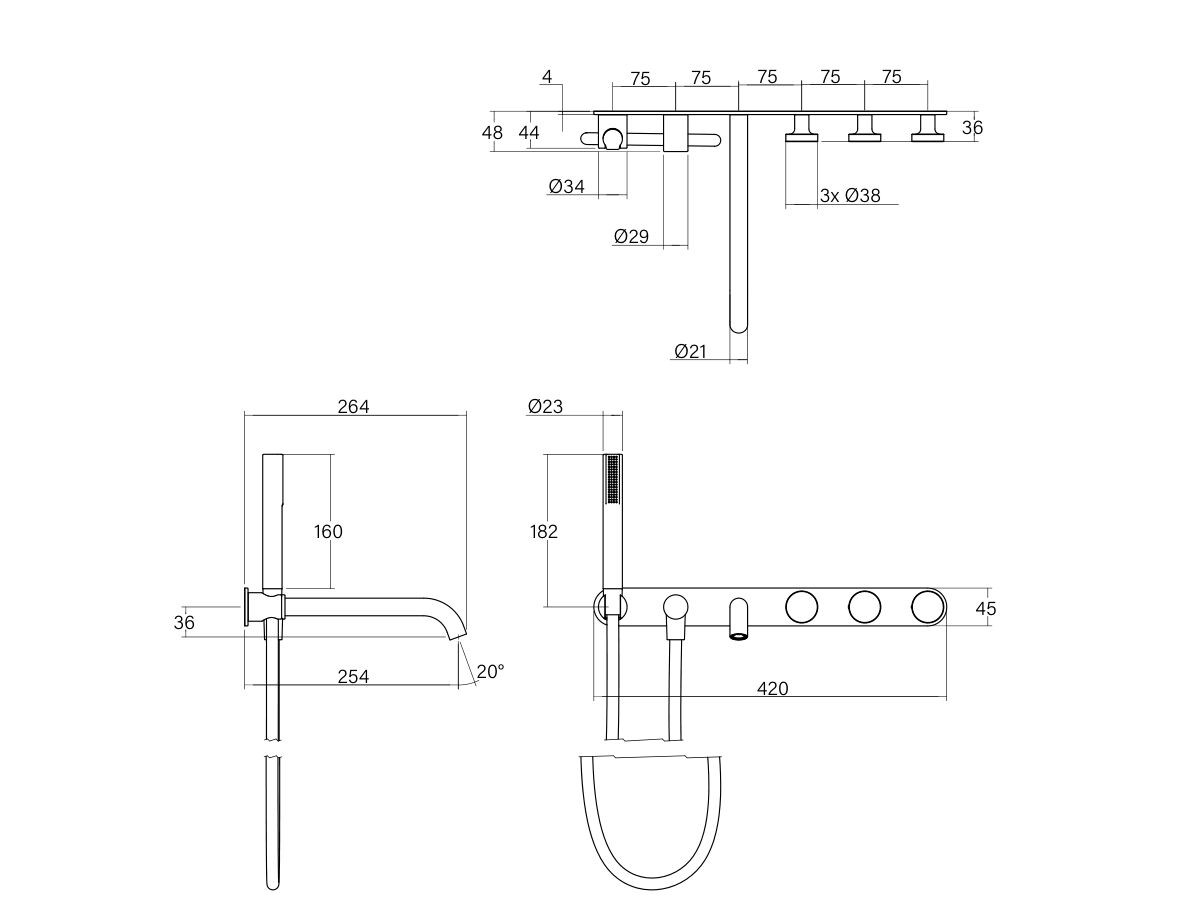Technical Drawing - Faucet Strommen Vara Disc Wall Bath Tap Set with Handshower (3 Star) Lead Free