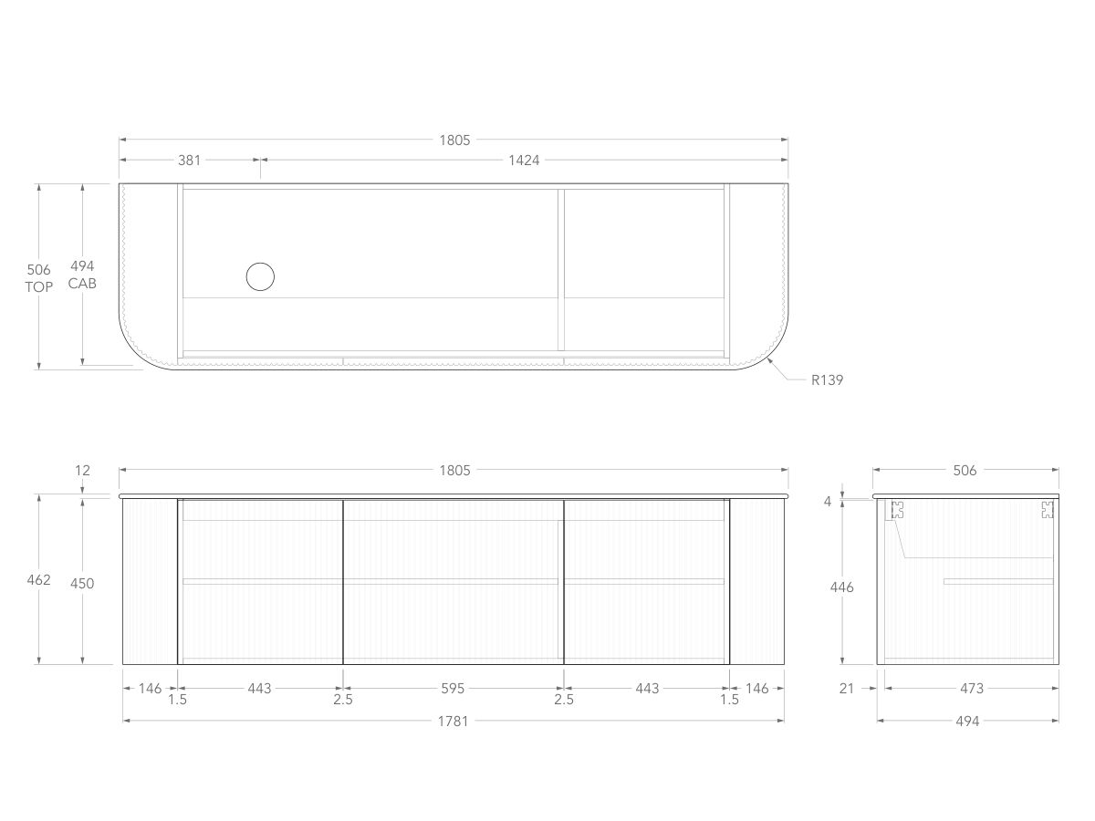 Technical Drawing - Kado Neue Fluted Double Curve All Door 1800mm Wall Hung Vanity with Left Hand Basin Durasein 12mm Top