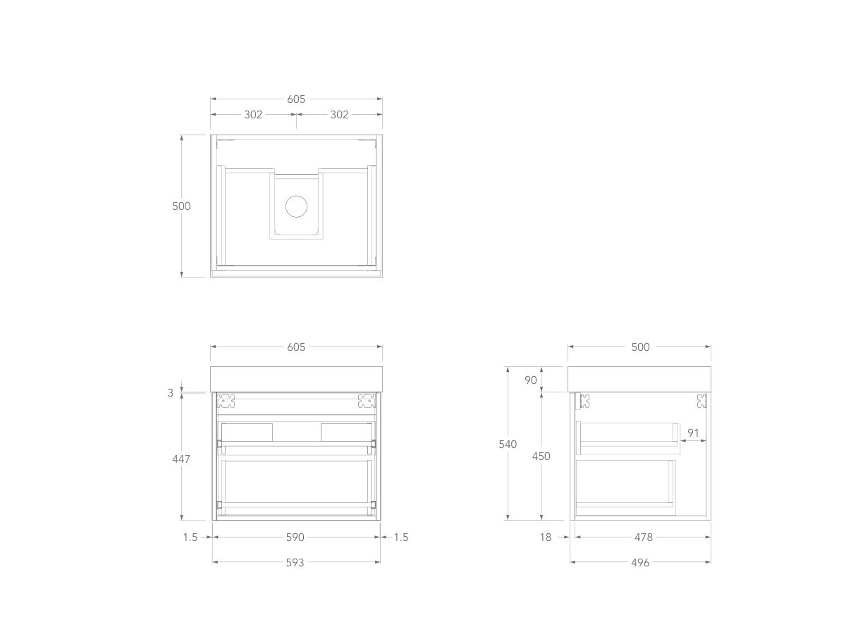 Technical Drawing - Kado Lux Slim All Drawer 600mm Wall Hung Vanity with Centre Basin 90mm Top