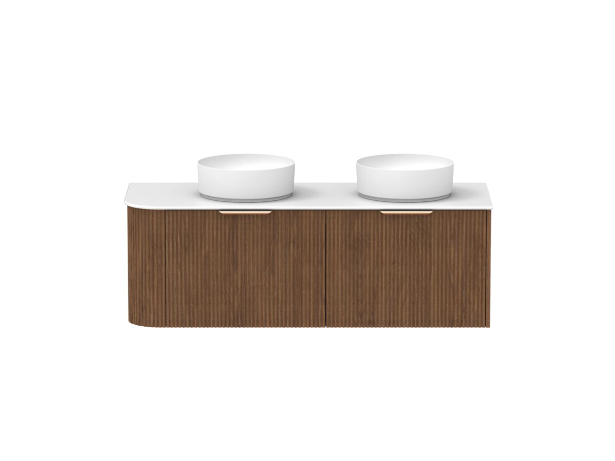 Supporting Image - Kado Neue Fluted Single Curve All Drawer 1350mm Wall Hung Vanity with Double Basin Durasein 12mm Top Florentine Walnut