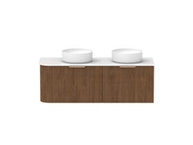 Supporting Image - Kado Neue Fluted Single Curve All Drawer 1350mm Wall Hung Vanity with Double Basin Durasein 12mm Top Florentine Walnut