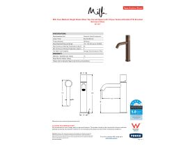 Specification Sheet - Milli Pure Medium Height Basin Mixer Tap Curved Spout with Cirque Textured Handle PVD Brushed Bronze (5 Star)