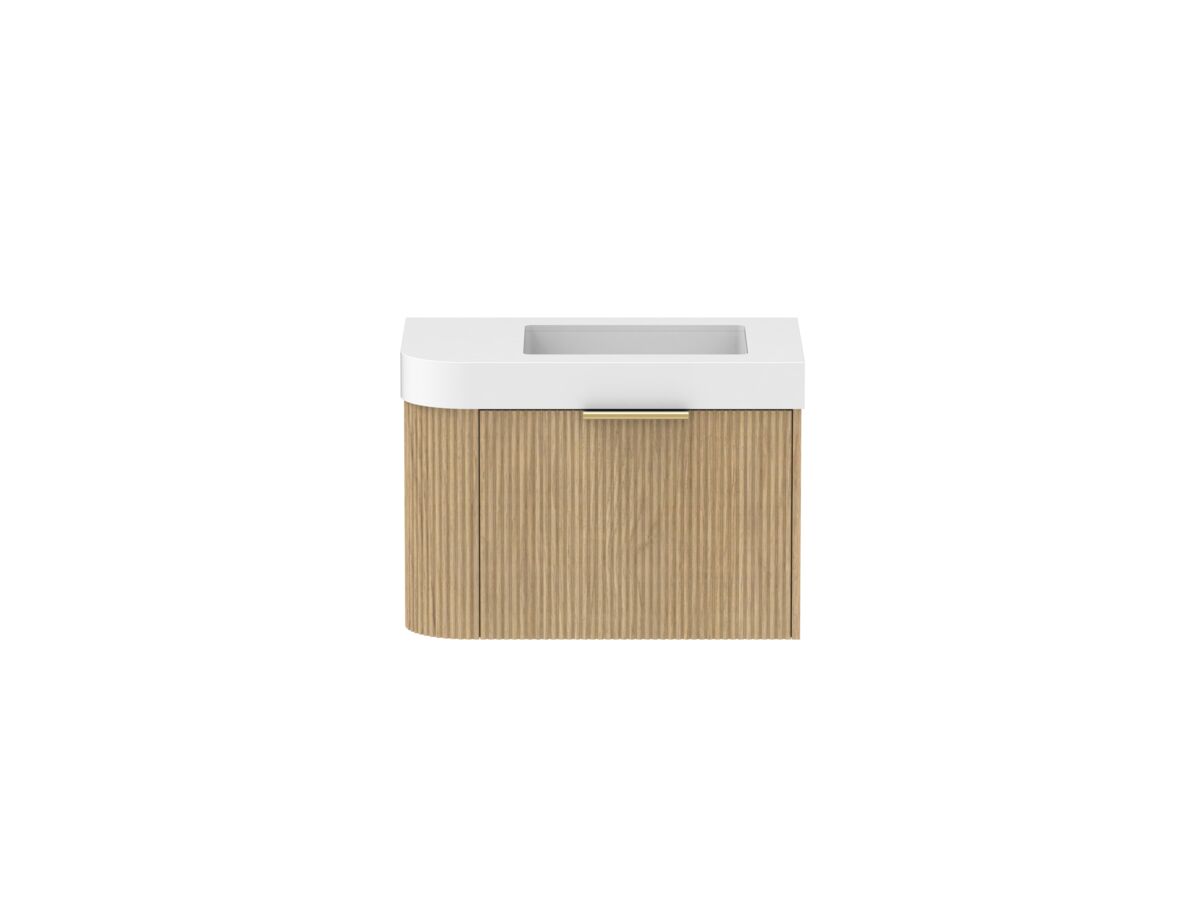 Supporting Image - Kado Neue Fluted Single Curve All Drawer 750mm Wall Hung Vanity with Centre Basin Durasein 90mm Top Boston Oak