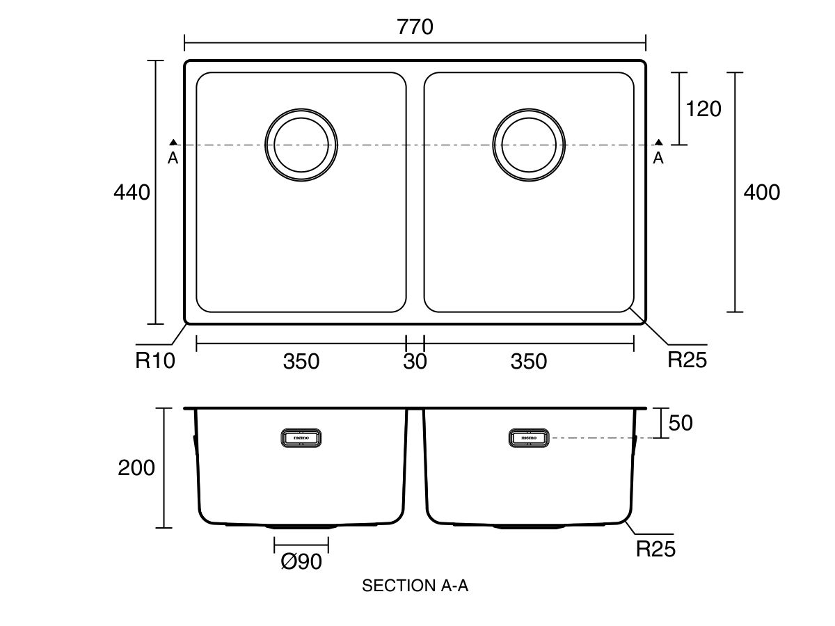 Technical Drawing - Memo Oscar Inset/Undermount Double Bowl Sink Overflow No Taphole