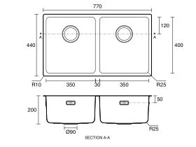 Technical Drawing - Memo Oscar Inset/Undermount Double Bowl Sink Overflow No Taphole