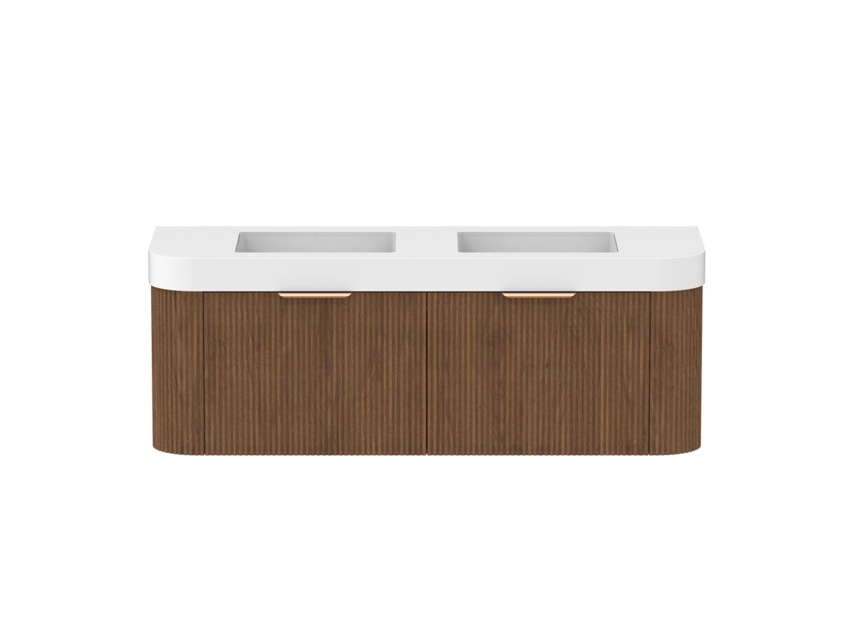 Hero - Kado Neue Fluted Double Curve All Drawer 1500mm Wall Hung Vanity with Double Basin Durasein 90mm Top Florentine Walnut