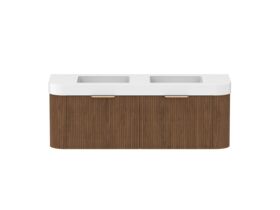 Hero - Kado Neue Fluted Double Curve All Drawer 1500mm Wall Hung Vanity with Double Basin Durasein 90mm Top Florentine Walnut