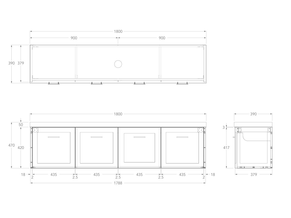 Technical Drawing - Kado Lux Ensuite All Door 1800mm Wall Hung Centre Basin 50mm Top