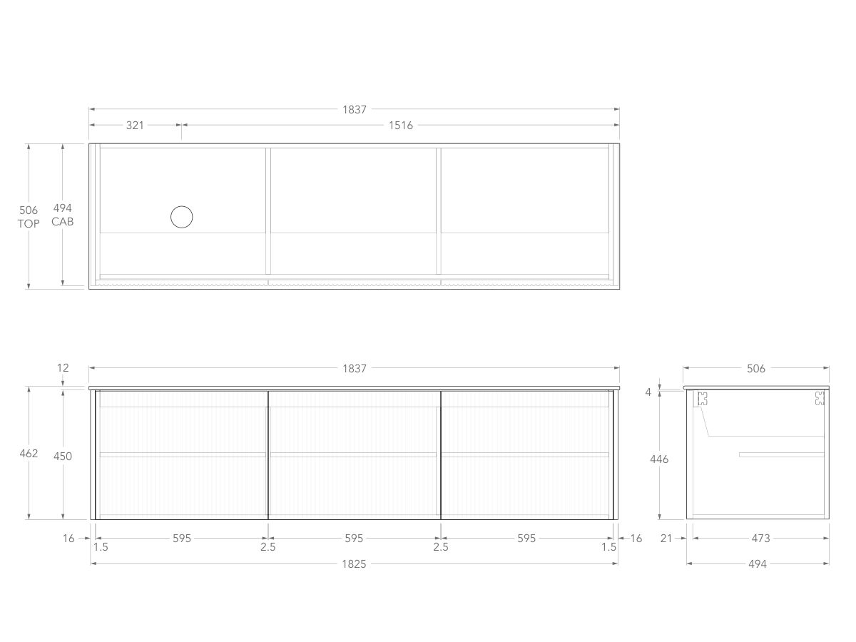 Technical Drawing - Kado Neue Fluted Square All Door 1800mm Wall Hung Vanity with Left Hand Basin Durasein 12mm Top