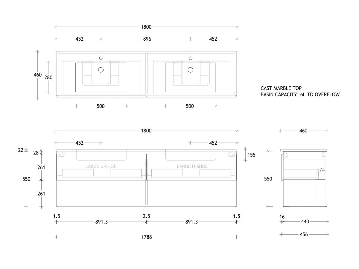 Posh Domaine Open Shelf All-Drawer 1800mm Double Bowl Wall Hung Vanity Cast Marble Top