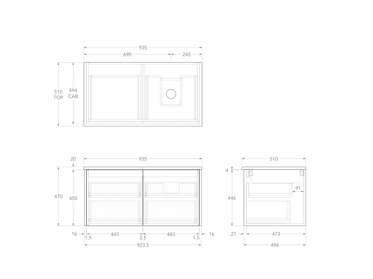 Technical Drawing - Kado Neue Fluted Square All Drawer 900mm Wall Hung Vanity with Right Basin 20mm Top