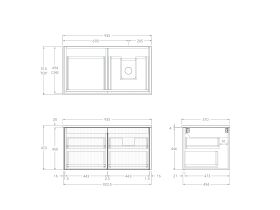 Technical Drawing - Kado Neue Fluted Square All Drawer 900mm Wall Hung Vanity with Right Basin 20mm Top