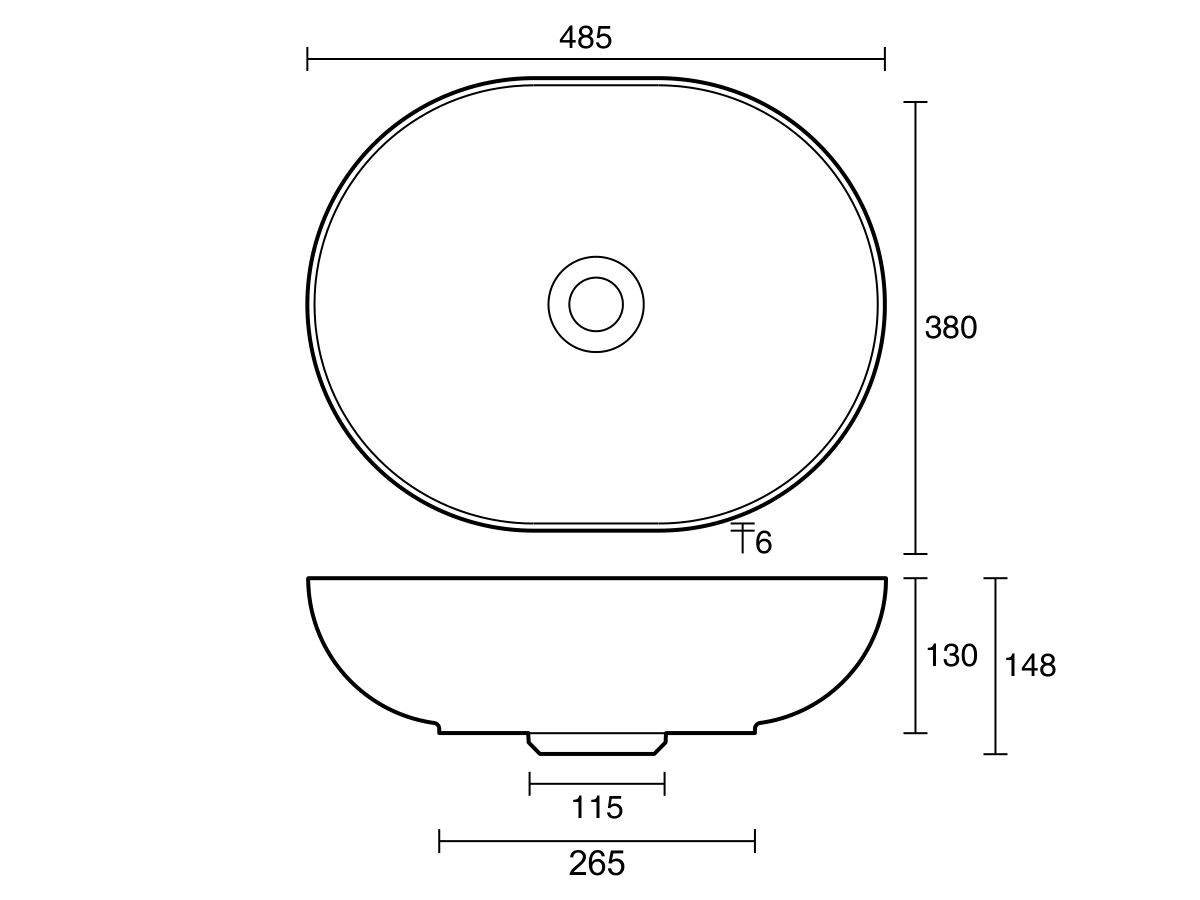 Technical_Drawing - Omvivo Villa Thin Edge Oval Above Counter Basin 485mm