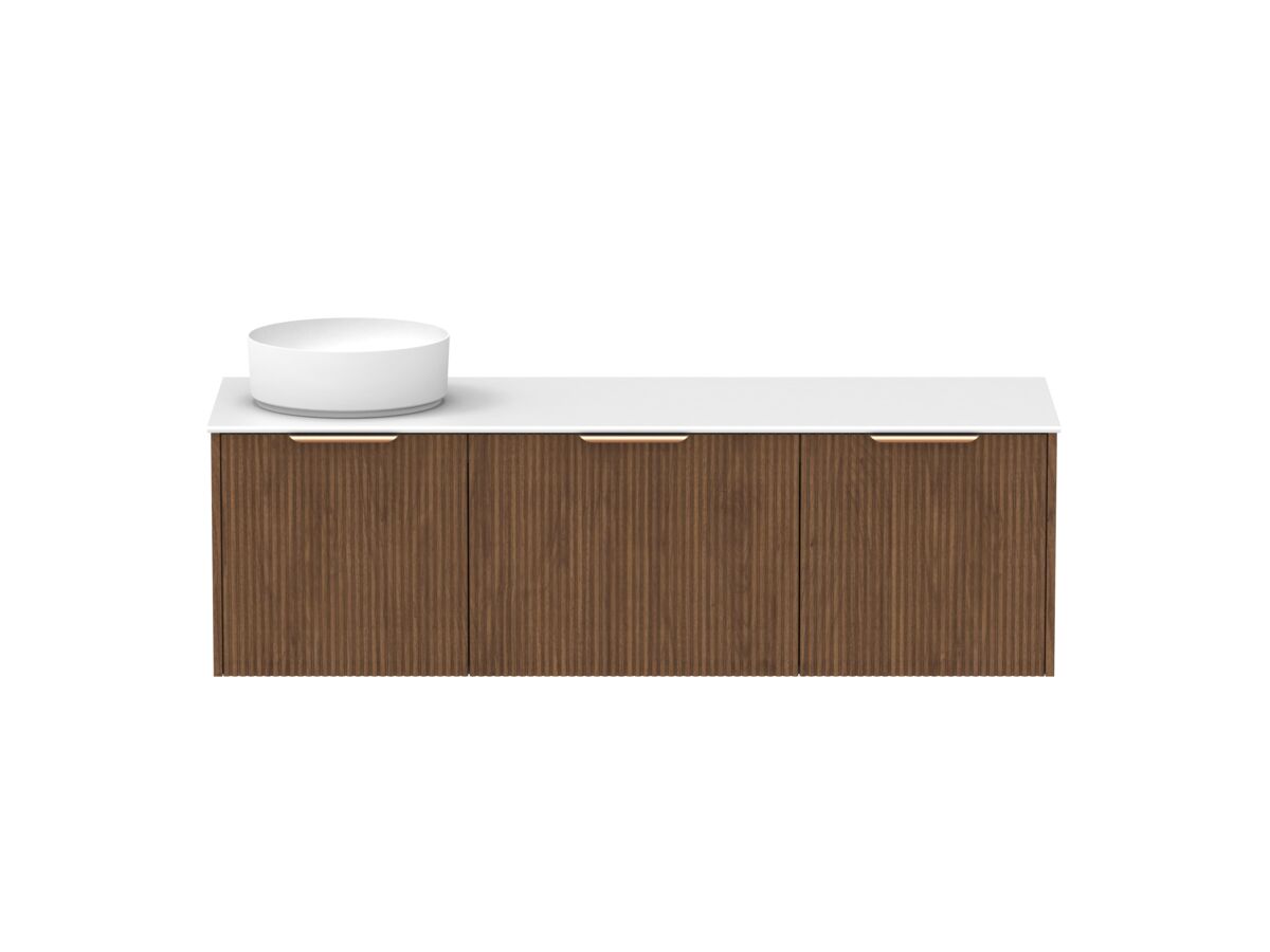 Supporting Image - Kado Neue Fluted Square All Drawer 1500mm Wall Hung Vanity with Left Hand Basin Durasein 12mm Top Florentine Walnut