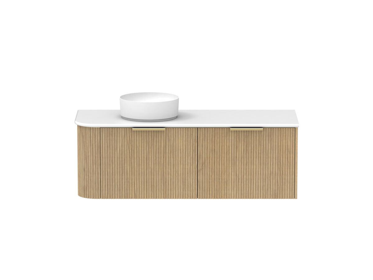 Supporting Image - Kado Neue Fluted Single Curve All Drawer 1350mm Wall Hung Vanity with Left Hand Basin 20mm Top Boston Oak