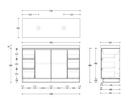 Technical Drawing - Posh Domaine 1500mm Floor Mount Vanity Unit Conventional Double Bowl 90mm Top