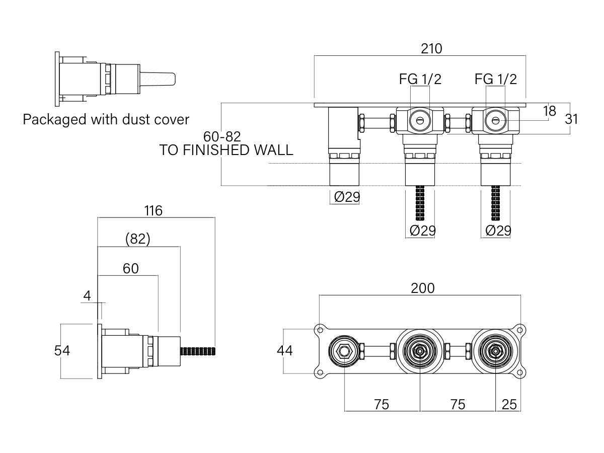 Supporting Technical Drawing - Faucet Strommen Vara Wall Hostess System Right Hand Inwall Body Lead Free