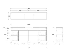 Technical Drawing - Posh Domaine Semi-Recessed 1800mm Wall Hung Vanity Centre Basin 20mm Top
