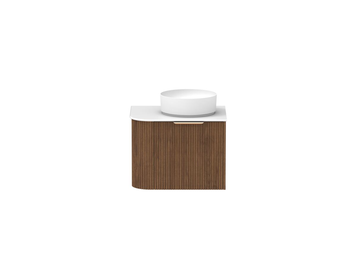 Supporting Image - Kado Neue Fluted Single Curve All Drawer 600mm Wall Hung Vanity with Centre Basin Durasein 12mm Top Florentine Walnut