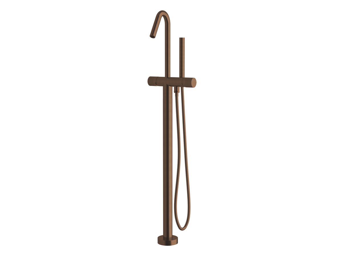 Sussex Pure Floor Mounted Bath Mixer Tap with Handshower and Linear Textured Handle PVD Brushed Bronze (3 Star)