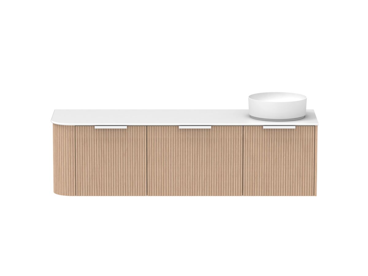 Supporting Image - Kado Neue Fluted Single Curve All Drawer 1650mm Wall Hung Vanity with Right Hand Basin Durasein 12mm Top Blonde Oak