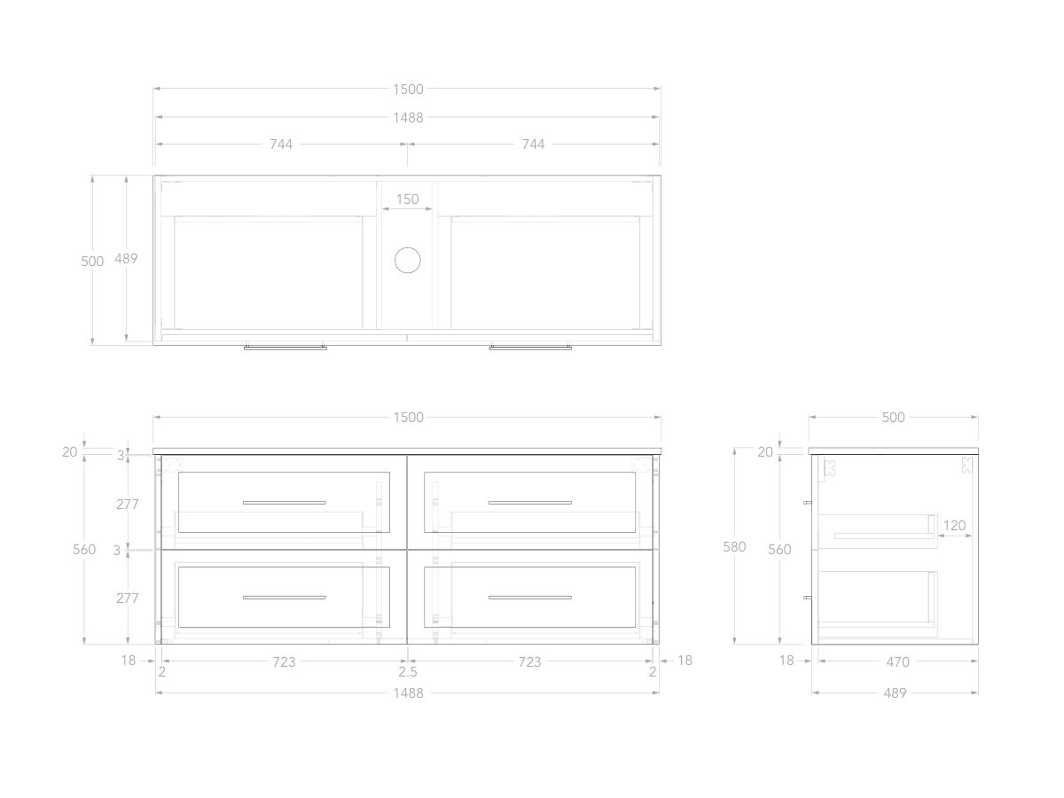 Technical Drawing - Kado Lux 1500mm All Drawer Wall Hung Vanity Unit 4 Drawers Centre Bowl Vanity 20mm Top