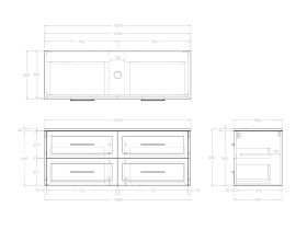 Technical Drawing - Kado Lux 1500mm All Drawer Wall Hung Vanity Unit 4 Drawers Centre Bowl Vanity 20mm Top