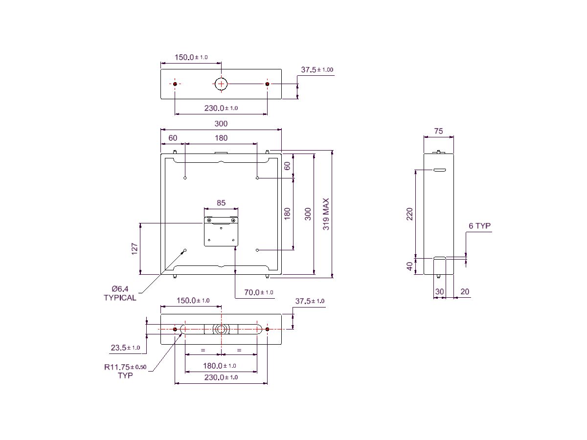 Technical Drawing - Tomson Thermostatic Mixing Valve T160 Stainless Steel Recess Box Only
