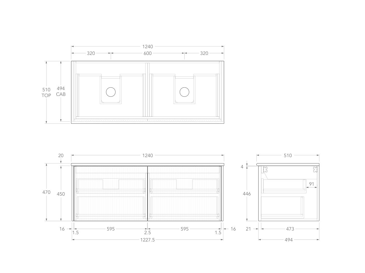 Technical Drawing - Kado Neue Fluted Square All Drawer 1200mm Wall Hung Vanity with Double Basin 20mm Top