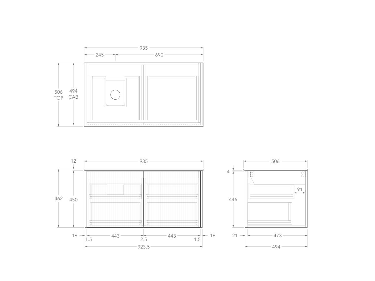 Technical Drawing - Kado Neue Fluted Square All Drawer 900mm Wall Hung Vanity with left Basin Durasein 12mm Top