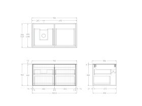 Technical Drawing - Kado Neue Fluted Square All Drawer 900mm Wall Hung Vanity with left Basin Durasein 12mm Top