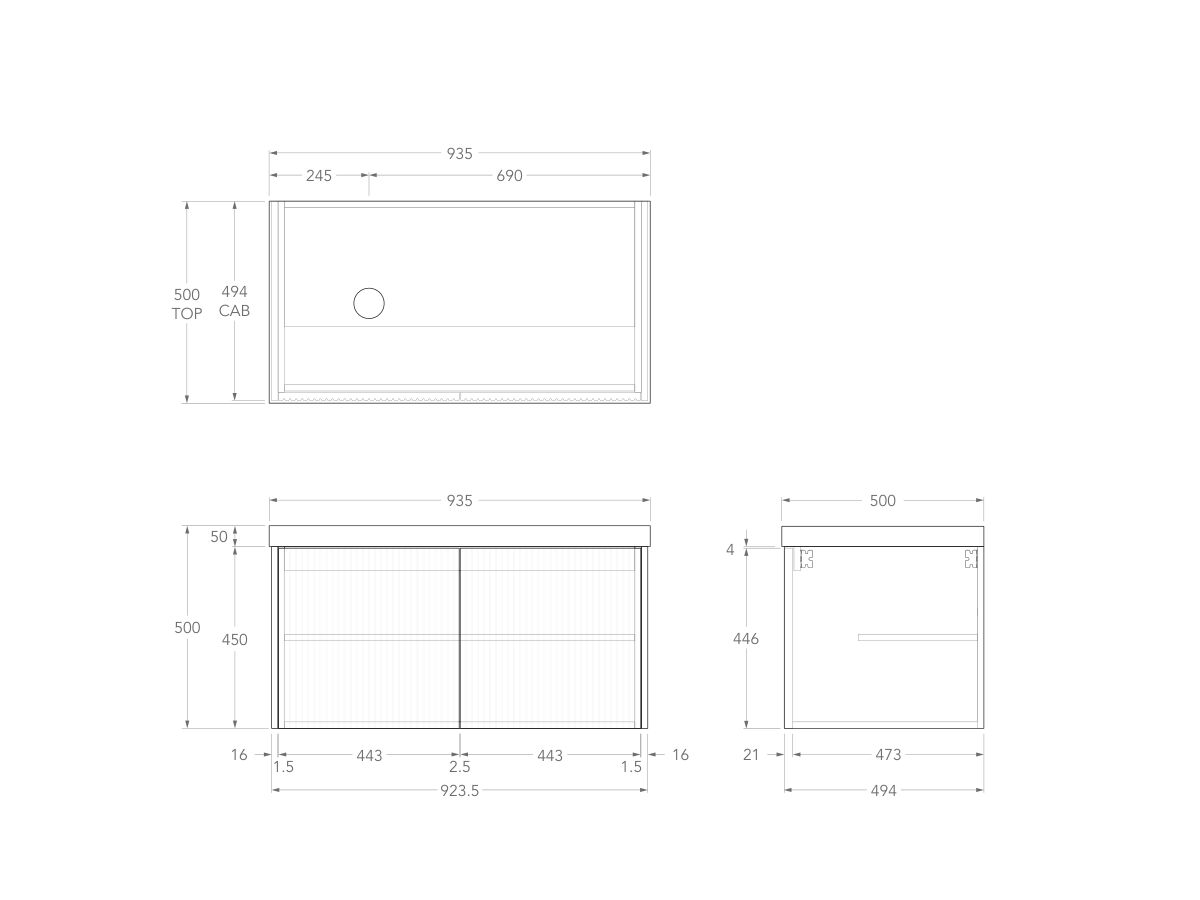 Technical Drawing - Kado Neue Fluted Square All Door 900mm Wall Hung Vanity with Left Basin 50mm Top