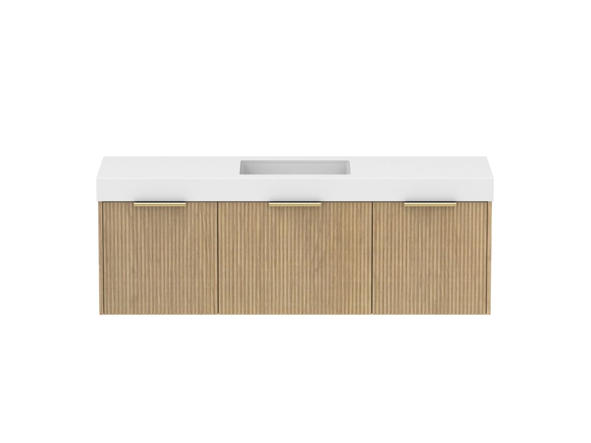 Supporting Image - Kado Neue Fluted Square All Drawer 1500mm Wall Hung Vanity with Centre Basin 90mm Top Boston Oak