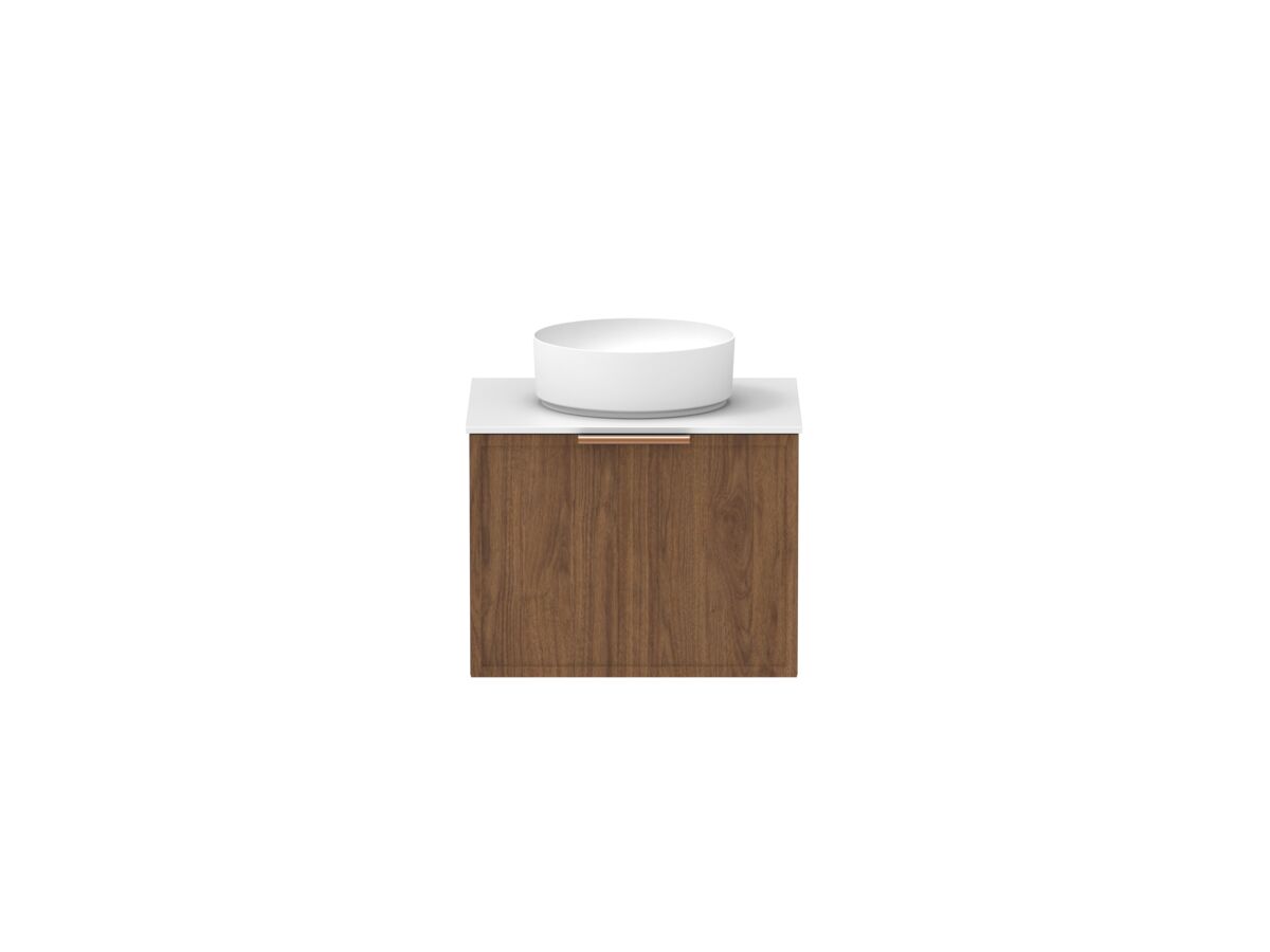 Supporting Image - Kado Lux Slim All Drawer 600mm Wall Hung Vanity with Centre Basin Durasein 12mm Top Florentine Walnut