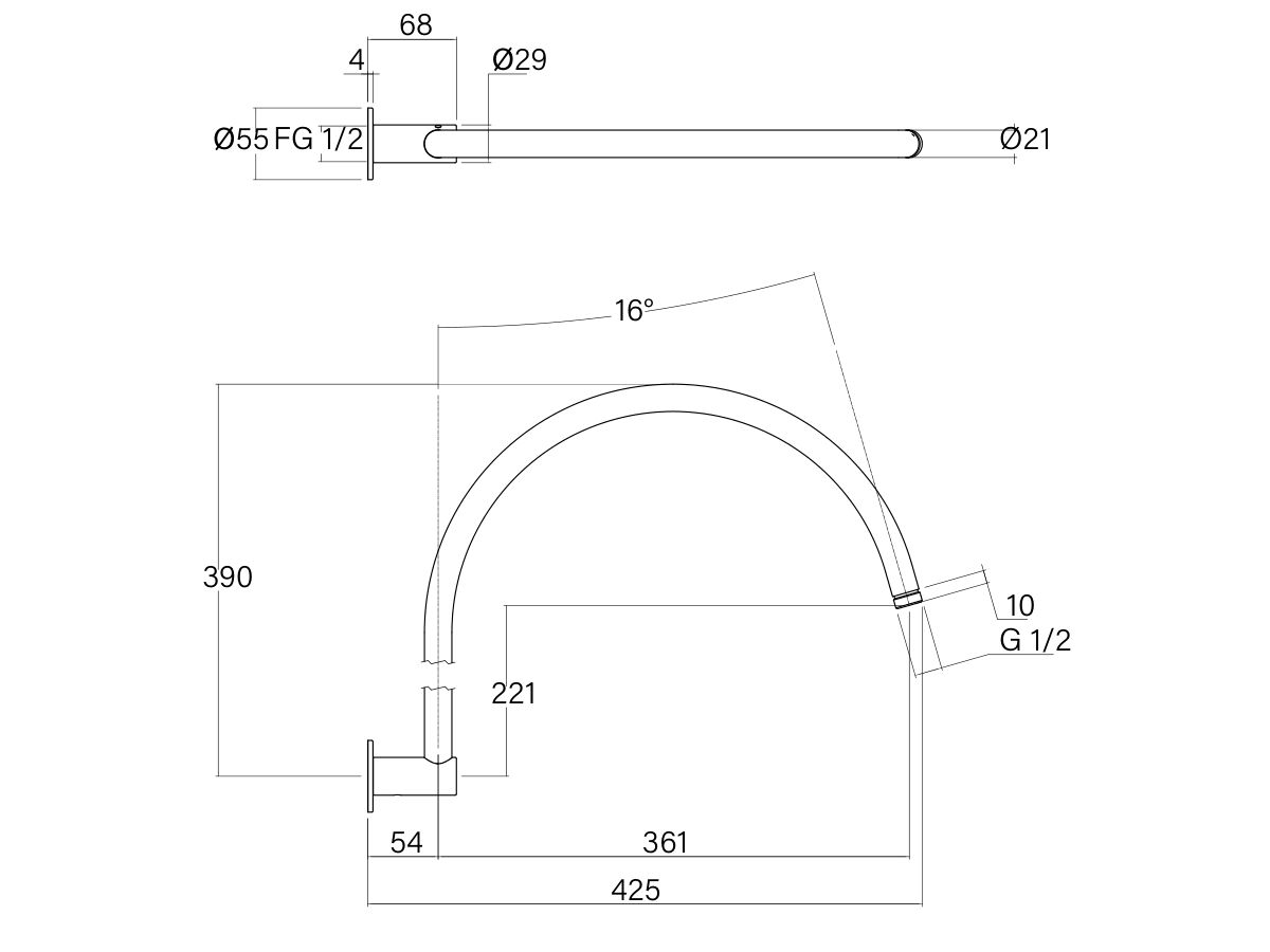 Technical Drawing - Faucet Strommen Vara Wall Gooseneck Shower Arm