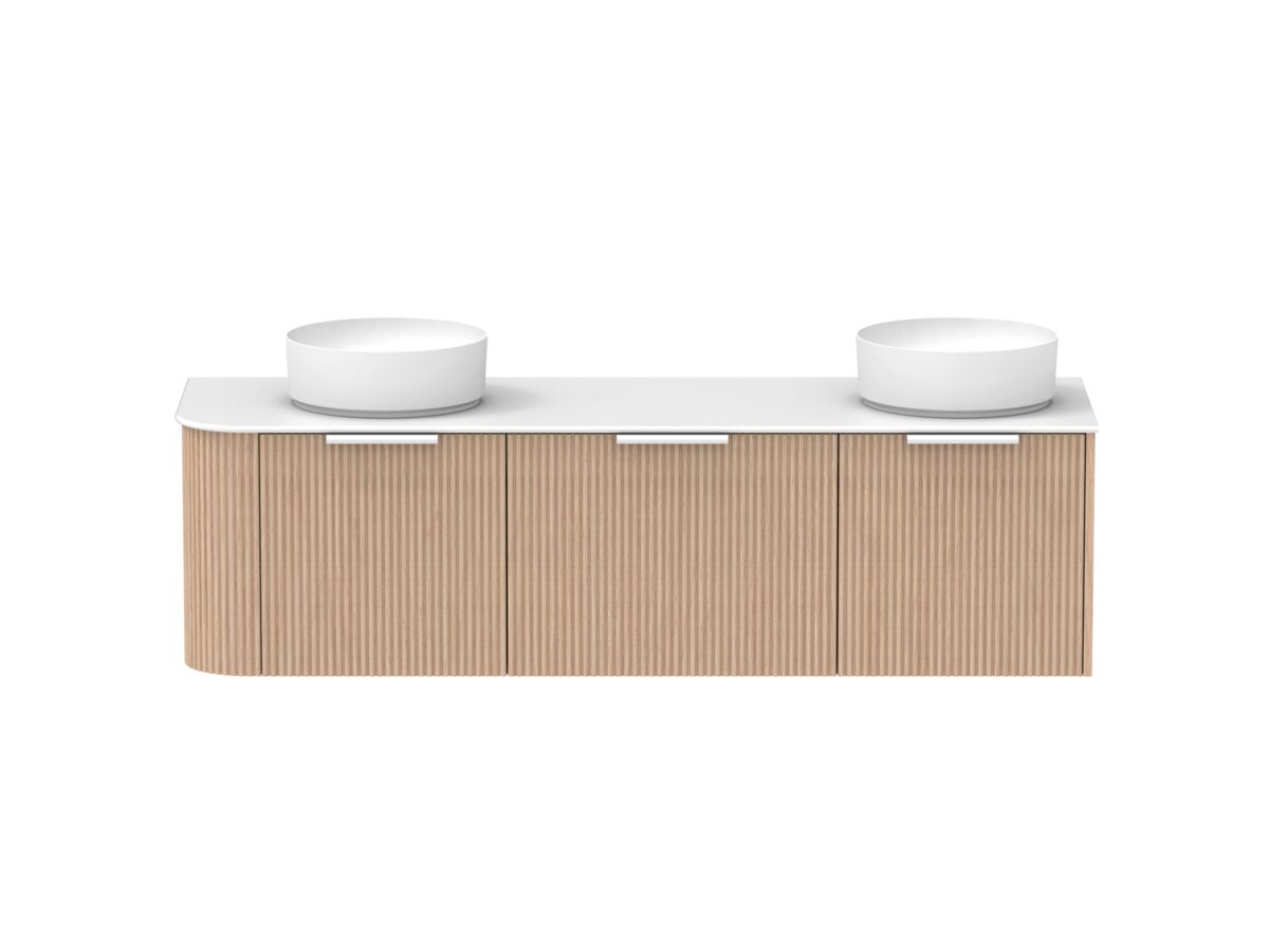 Supporting Image - Kado Neue Fluted Single Curve All Drawer 1650mm Wall Hung Vanity with Double Basin Durasein 12mm Top Blonde Oak
