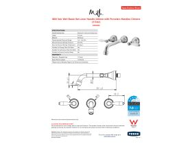 Specification Sheet - Milli Voir Wall Basin Set Lever Handle 220mm with Porcelain Handles Chrome (5 Star)