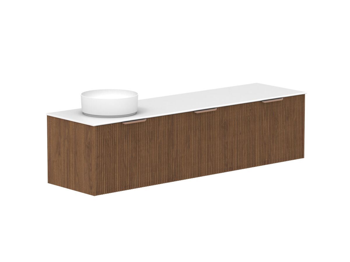 Hero - Kado Neue Fluted Square All Drawer 1800mm Wall Hung Vanity with Left Hand Basin Durasein 12mm Top Florentine Walnut