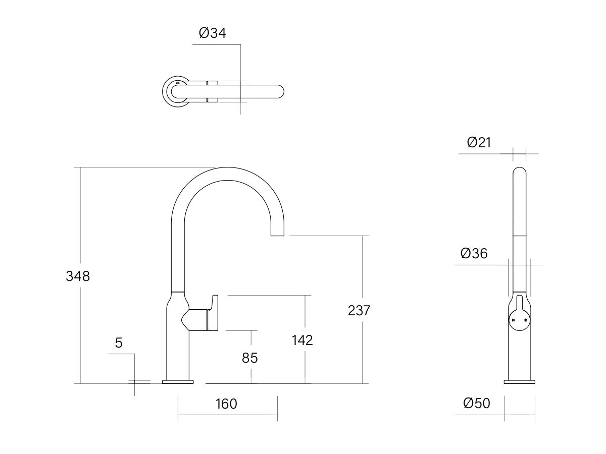 Technical Drawing - Faucet Strommen Vara Fin Gooseneck Basin Mixer Tap (6 Star) Lead Free
