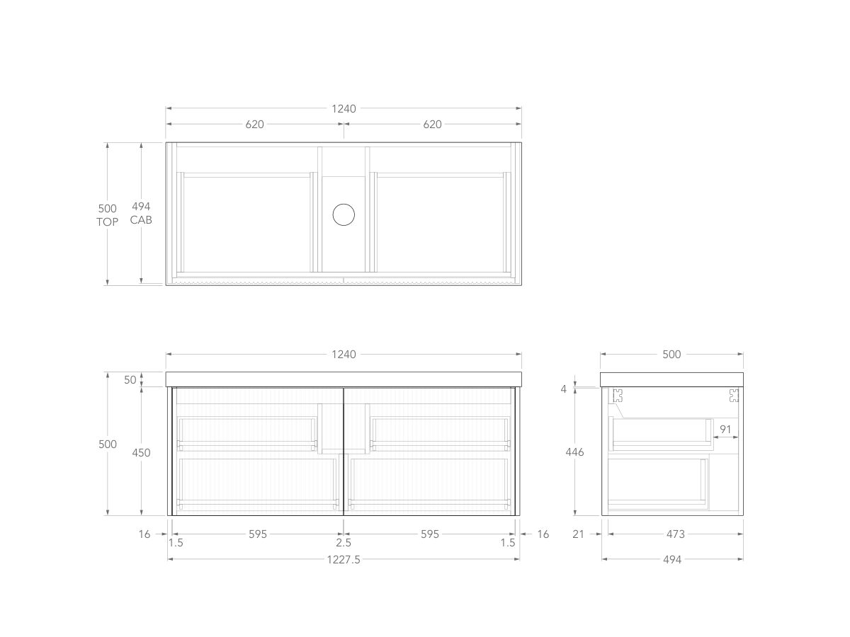 Technical Drawing - Kado Neue Fluted Square All Drawer 1200mm Wall Hung Vanity with Centre Basin 50mm Top
