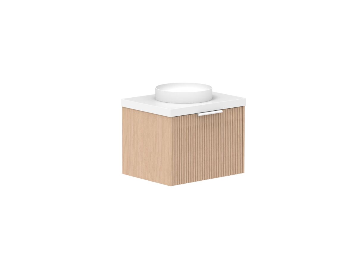 Supporting Image 2- Kado Neue Fluted Square All Drawer 600mm Wall Hung Vanity with Centre Basin 50mm Top Blonde Oak