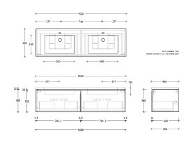 Posh Domaine All-Drawer 1500mm Double Bowl Wall Hung Vanity Cast Marble Top