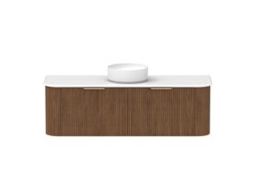 Hero - Kado Neue Fluted Double Curve All Drawer 1500 Wall Hung Vanity with Centre Basin20mm Florentine Walnut