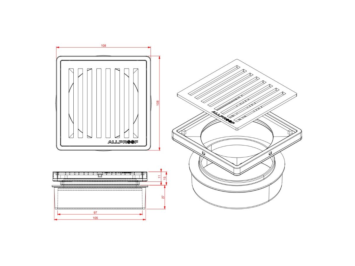 Allproof Elegance Floor Grate Square Stainless Steel 5 Straight 100mm