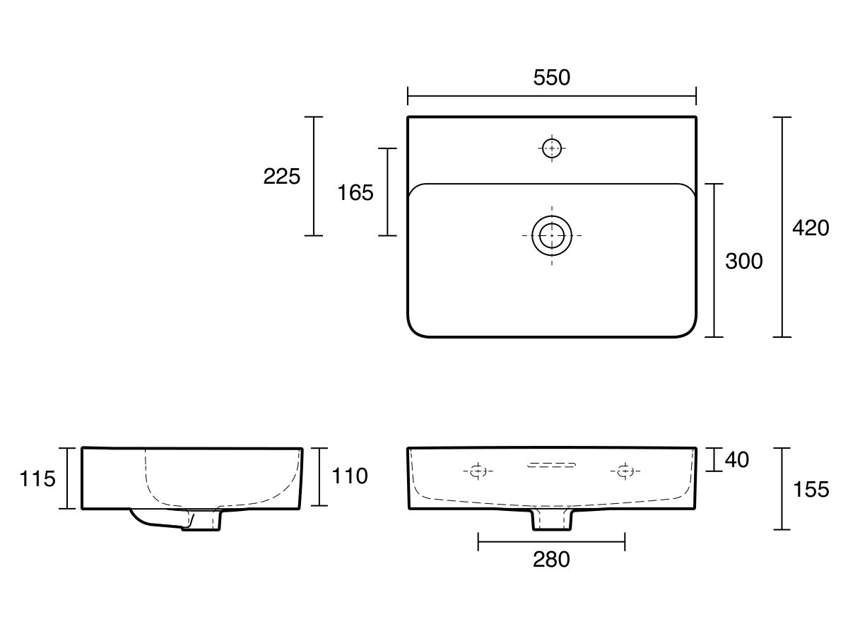 Technical Drawing - LAUFEN Val Counter/Wall Basin 550mm x 420mm 1 Taphole with Overflow