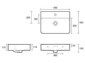 Technical Drawing - LAUFEN Val Counter/Wall Basin 550mm x 420mm 1 Taphole with Overflow
